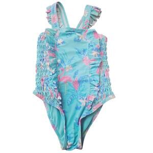 Tommy Bahama Turquoise Flamingo Smocking Ruffles Summer Bathing Suit 3T
